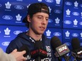 Maple Leafs forward Mitch Marner speaks to the media at the Ford Performance Centre on locker cleanup day in Toronto, May 6, 2023.