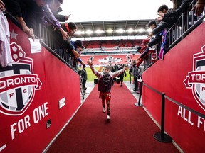 Toronto FC's Lorenzo Insigne greets fans after scoring the game-winning goal in his team's 1-0 win over Charlotte FC in MLS action in Toronto, Saturday, March 9, 2024.