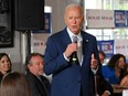 U.S. President Joe Biden speaks during a stop at the Garage Grill & Fuel Bar in Northville, Michigan, ahead of a campaign event in Detroit on July 12, 2024.