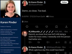 A screen capture of controversial comments made by UBC professor Karen Pinder on X. Pinder has since deleted all social media accounts.