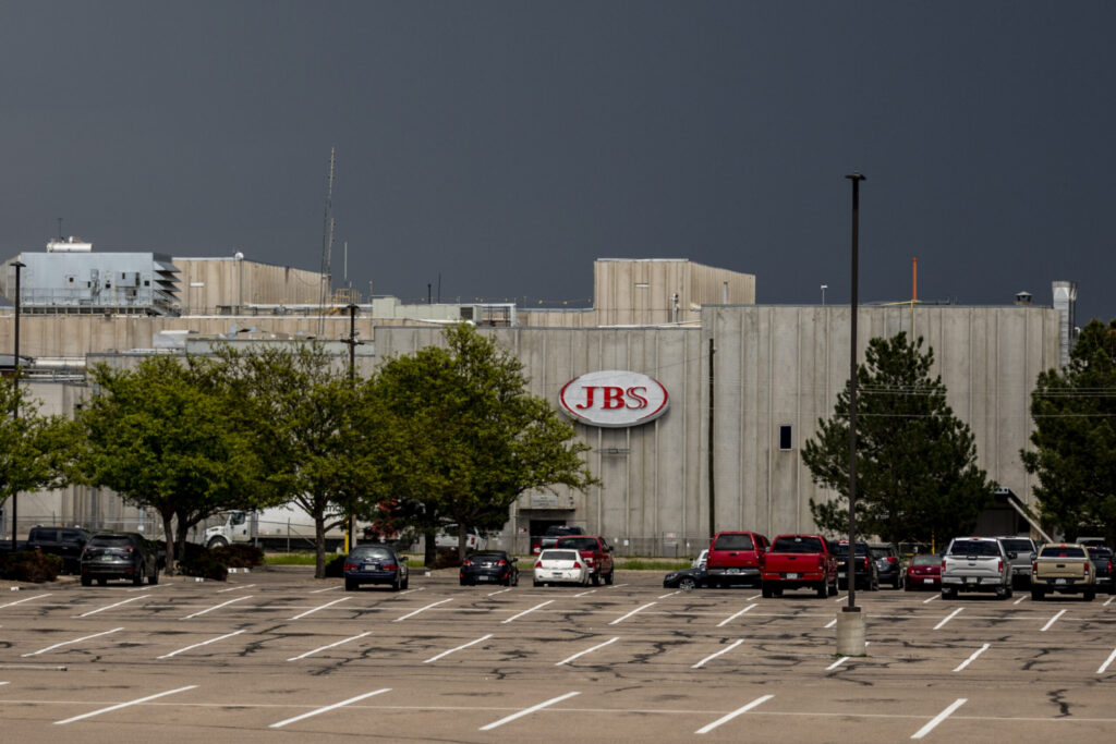 A JBS processing plant stands dormant after halting operations on June 1, 2021, in Greeley, Colorado. JBS facilities around the globe were impacted by a ransomware attack, forcing many of their facilities to shut down. (Chet Strange/Getty Images)