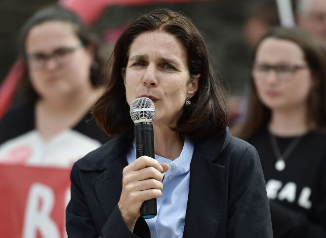 Doctor Rebecca Gomperts addresses supporters as the abortion rights campaign group ROSA, Reproductive Rights Against Oppression, Sexism and Austerity, holds a rally at Guildhall square on May 31, 2018, in Londonderry, Northern Ireland. (Photo by Charles McQuillan/Getty Images)