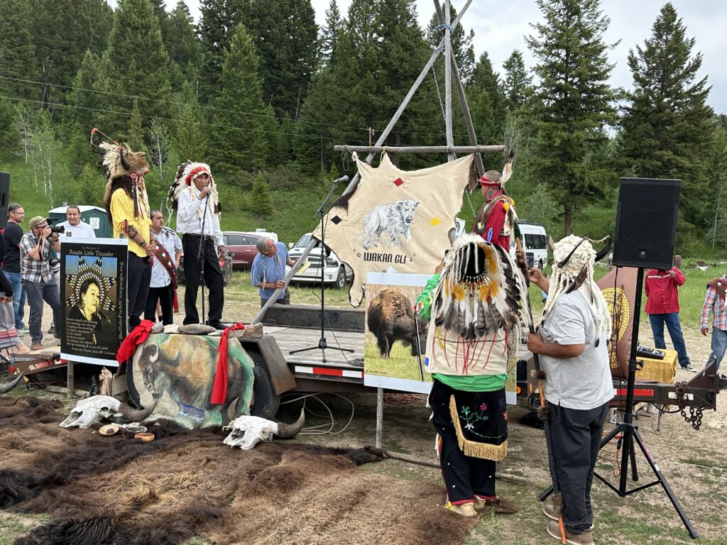 A buffalo hide with a painting of Wakan Gli was unveiled on June 26, 2024. (Blair Miller/Daily Montanan)