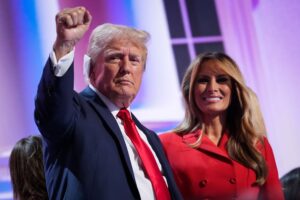 Former first lady Melania Trump joins Republican presidential nominee and former President Donald Trump on stage after he accepted the Republican presidential nomination during the Republican National Convention at the Fiserv Forum on July 18, 2024, in Milwaukee. (Andrew Harnik/Getty Images)