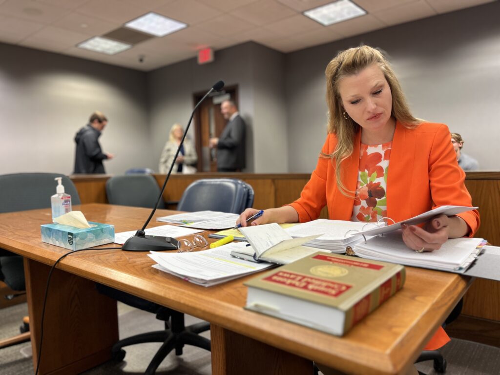 Life Defense Fund attorney Sara Frankenstein readies her case against against Dakotans for Health's abortion rights ballot measure in Sioux Falls on July 15, 2024. (Joshua Haiar/South Dakota Searchlight)