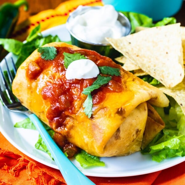 Chimichanga on a plate with toppings.