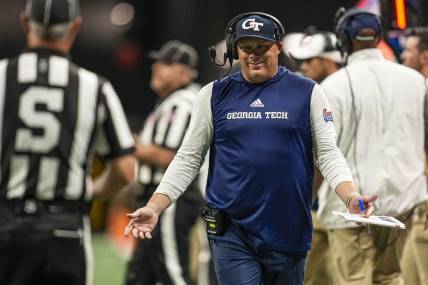 Sep 5, 2022; Atlanta, Georgia, USA; Georgia Tech Yellow Jackets head coach Geoff Collins reacts after a call during the game against the Clemson Tigers during the second half at Mercedes-Benz Stadium. Mandatory Credit: Dale Zanine-USA TODAY Sports