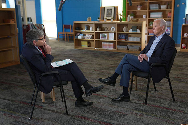 ABC via GETTY IMAGES / TRIBUNE
                                In this handout image provided by ABC, President Joe Biden speaks with ‘This Week’ anchor George Stephanopoulos today in Madison, Wisconsin.