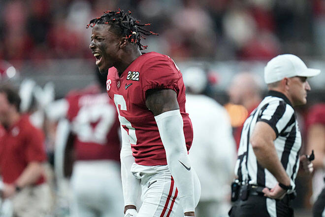 AJ MAST / NEW YORK TIMES / JAN. 10, 2022
                                Alabama defensive back Khyree Jackson reacts during the College Football Playoff championship football game against Georgia in Indianapolis on Jan. 10, 2022. Jackson and two of his former high school football teammates were killed in a car crash early this morning, Maryland State Police said.