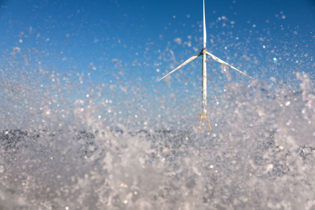 A wind turbine off the coast of Rhode Island.