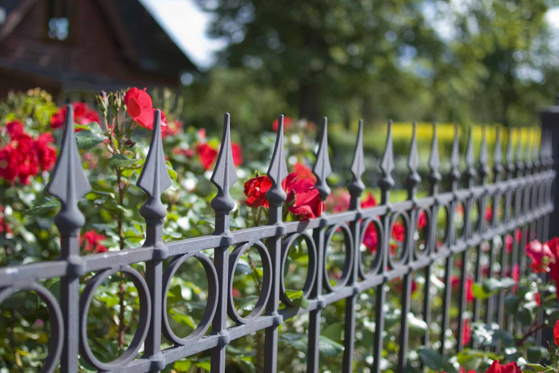 A wrought iron fence in front of a home