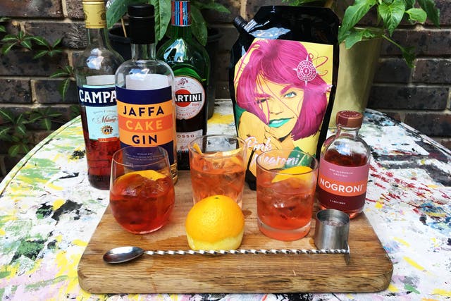 Three of a kind: Jaffa cake negroni, Asterley Bros’ pink negroni and the alcohol-free NOgroni