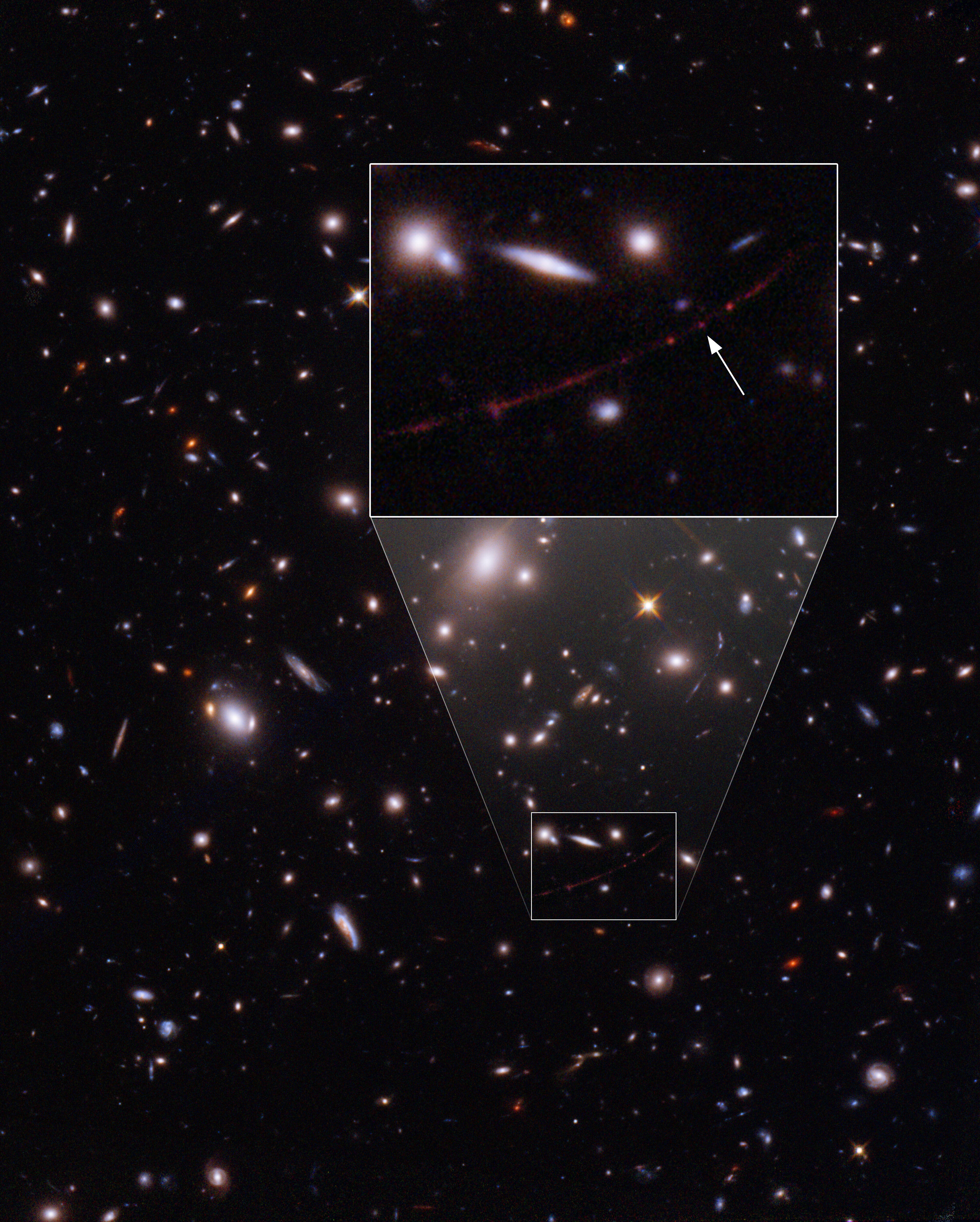 Earendel, the most distant star ever discovered is marked here with an arrow within the red arc of its host galaxy as seen through gravitational lensing.