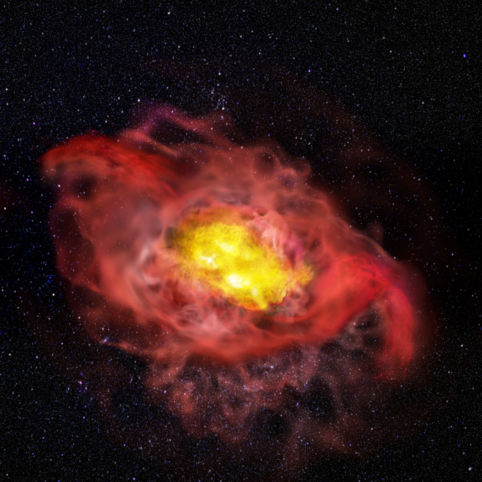 This artist’s conception illustrates the previously unknown complexity of the young galaxy, A1689-zD1.