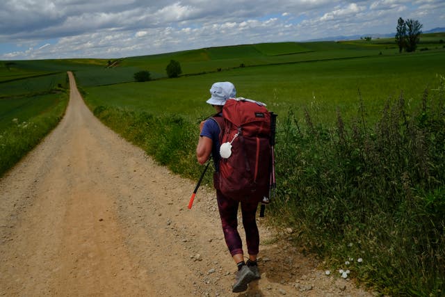 <p>A pilgrim walks during a stage of ‘Camino de Santiago’ or St James Way, near to Santo Domingo de La Calzada</p>