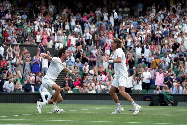 Matt Ebden and Max Purcell (right) celebrate victory over Nikola Mektic and Mate Pavic (Zac Goodwin/PA)