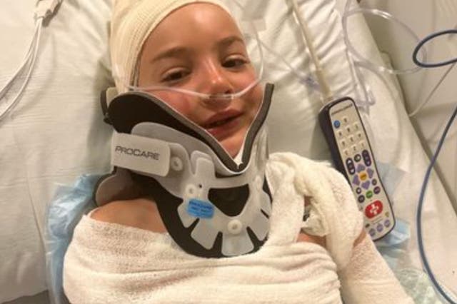 <p>Stefan Keryan, 8, recovering from third-degree burns and a skull fracture he sustained during a horseback riding incident </p>