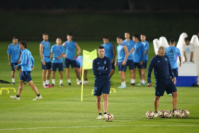 Argentina manager Lionel Scaloni put some of his squad through a training session at Qatar University on Thursday (Adam Davy/PA)