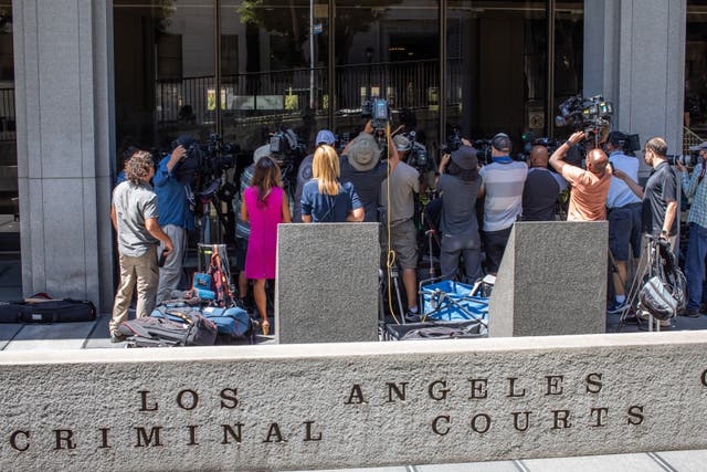 <p>Journalists gather around attorney Gloria Allred at the Clara Shortridge Foltz Criminal Justice Center during the arraignment of former Hollywood producer Harvey Weinstein on 21 July 2021 in Los Angeles, California</p>