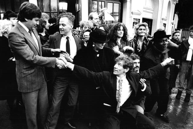 <p>Stop Clause 28 campaigners at the Playhouse Theatre in 1988. To buy this print, click <a href="https://independent.newsprints.co.uk/39655117/">here</a></p>