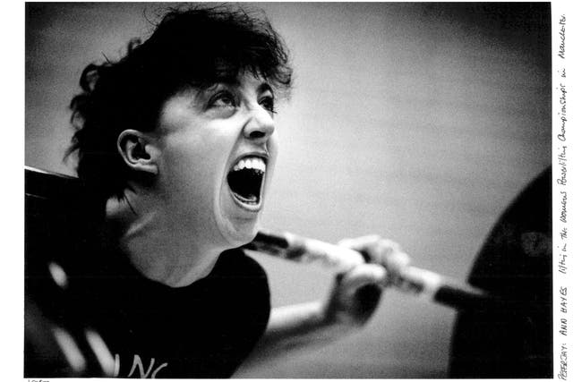 <p>Ann Hayes lifting in the Women’s Powerlifting Championships in Manchester, UK, 1992</p>