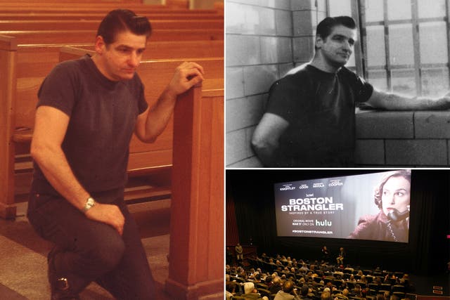 <p>Left: Albert DeSalvo prays in the chapel at Walpole State Prison, South Walpole, Massachusetts, early 1970s; top right: DeSalvo stands in jail for charges unrelated to the Boston stranglings, in an undated photo; bottom right: Matt Ruskin and Dick Lehr participate in a Q&A during the Boston Strangler screening at AMC Boston Commons on 13 March 2023 in Boston, Massachusetts  </p>