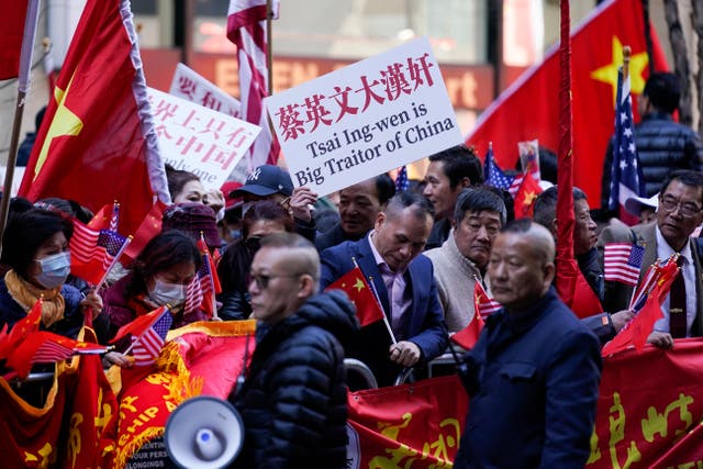 <p>Protesters opposed to Taiwan’s independence rally in New York on 29 March 2023</p>