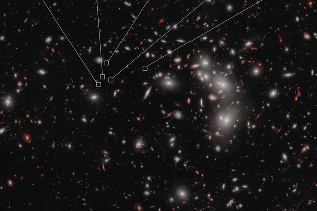 <p>The seven galaxies highlighted in this James Webb Space Telescope image have been confirmed to be at a distance that astronomers refer to as redshift 7.9, which correlates to 650 million years after the big bang</p>