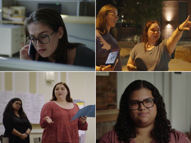 <p>Top left: Rachel de Leon, who investigated the women’s stories, in Netflix’s ‘Victim/Suspect’ – Top right: Emma Mannion and Rachel de Leon – Bottom left: Participants Emma Mannion and Dyanie Bermeo – Bottom right: Dyanie Bermeo </p>