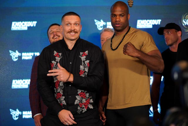 Oleksandr Usyk, left, defends his WBA, IBF and WBO heavyweight titles against Daniel Dubois this weekend (Yui Mok/PA)