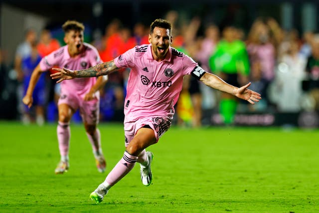 <p>Lionel Messi celebrates after scoring against Cruz Azul in the Leagues Cup</p>