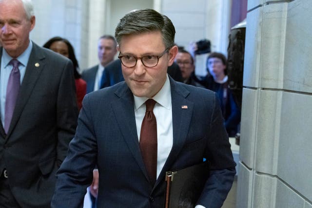 <p>Speaker of the House Rep. Mike Johnson, R-La., walks to the senate side for lunch with Senate GOP members at the Capitol Washington, Wednesday, Nov. 1, 2023</p>