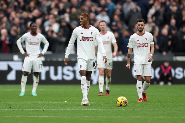 <p>Manchester United players react following West Ham’s second goal</p>