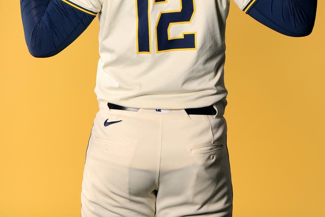 <p>A Milwaukee Brewers player poses during photo day at American Family Fields of Phoenix</p>