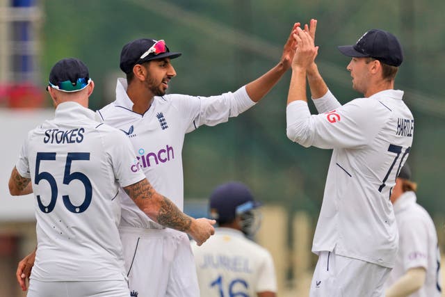 <p>Spinners Tom Hartley, right, and Shoaib Bashir, centre, have been bright spots on a difficult tour </p>