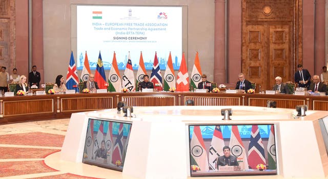 <p>File:  </p><p>Indian trade minister Piysh Goyal addressing diplomats at the signing ceremony of Trade and Economic Partnership Agreement (TEPA) between India and European Free Trade Association</p>