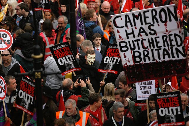 <p>Demonstrators in London take part in a TUC march in protest against the government's austerity measures in 2012</p>