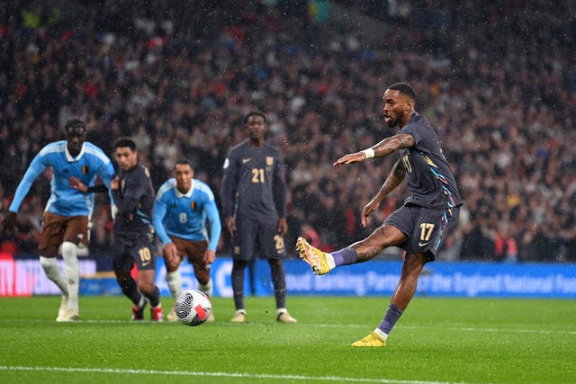 <p>Ivan Toney scores from the spot in a friendly against Belgium </p>