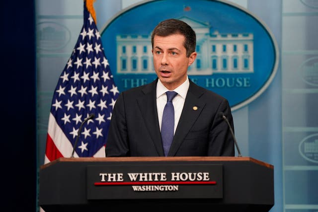 <p> Pete Buttigieg speaks during a press briefing </p>