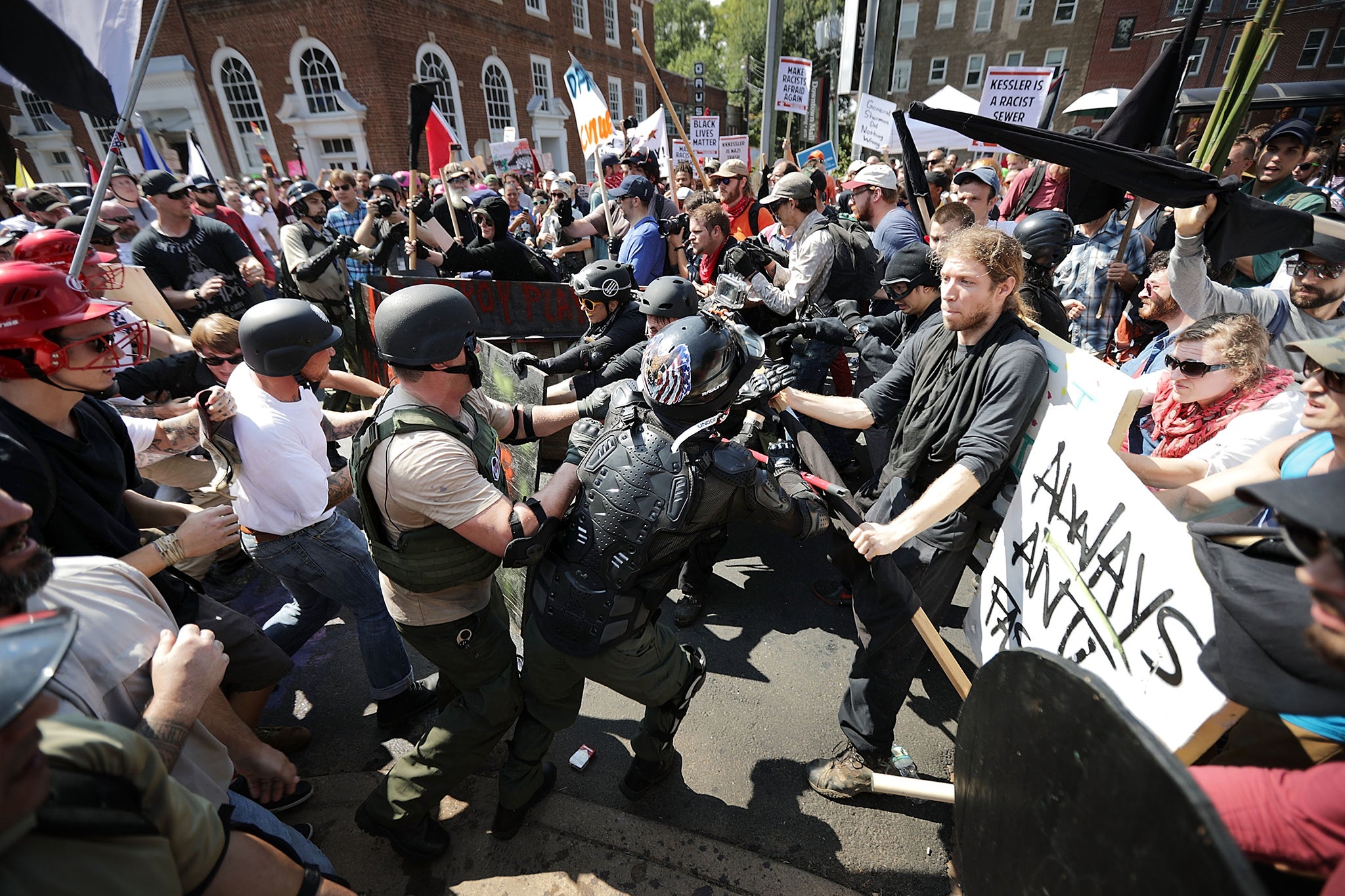 White nationalists and neo-Nazis clash with counterprotesters during the 2017 ‘Unite the Right’ rally in Charlottesville, Virginia