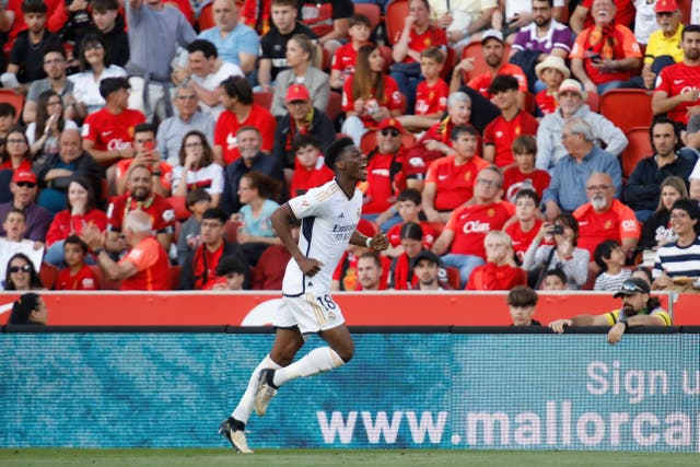 Real Madrid’s Aurelien Tchouameni celebrates his winner against Real Mallorca (Francisco Ubilla/AP