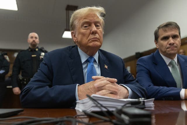 <p>Former US president Donald Trump with attorney Todd Blanche at his hush money trial last month </p>