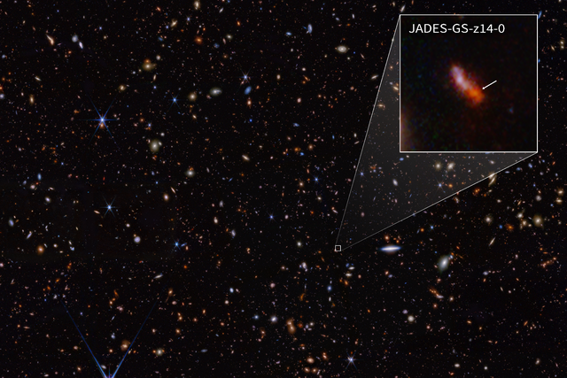 <p>This infrared image from NASA’s James Webb Space Telescope (also called Webb or JWST) was taken by the NIRCam (Near-Infrared Camera) for the JWST Advanced Deep Extragalactic Survey, or JADES, program</p>