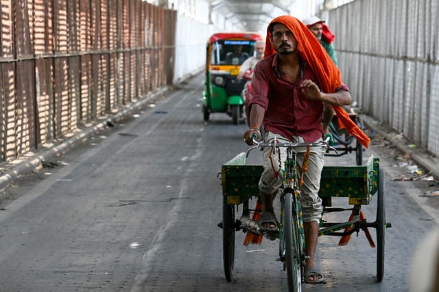 <p>A man wearing a scarf rides his cart on a hot summer day in New Delhi on 18 June 18 2024</p>