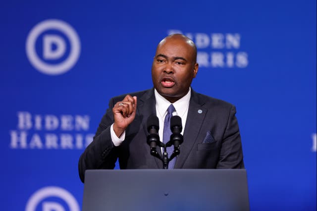 <p>Democratic National Committee chair Jaime Harrison speaks in Philadelphia, Pennsylvania, at the DNC’s winter meeting on February 3 2023</p>