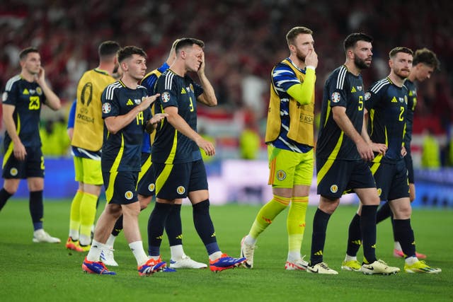 Scotland’s players react to their Euro 2024 exit (Andrew Milligan/PA)