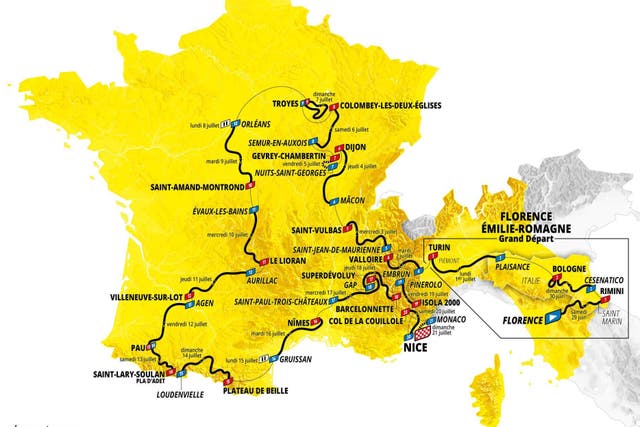 <p>A map of the 2024 Tour de France route from Florence to Nice</p>