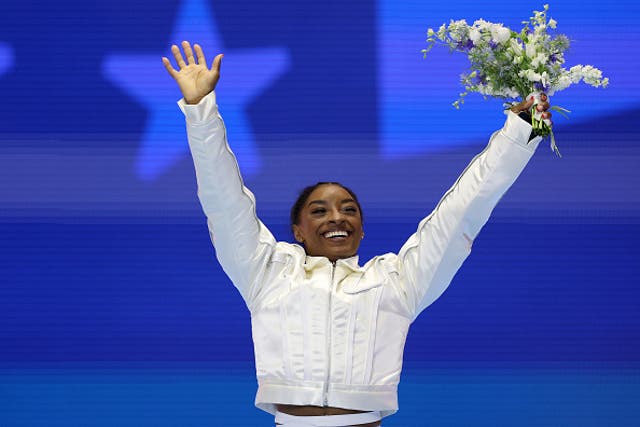 <p>Simone Biles became the fourth American woman to compete in a third Olympic games </p>