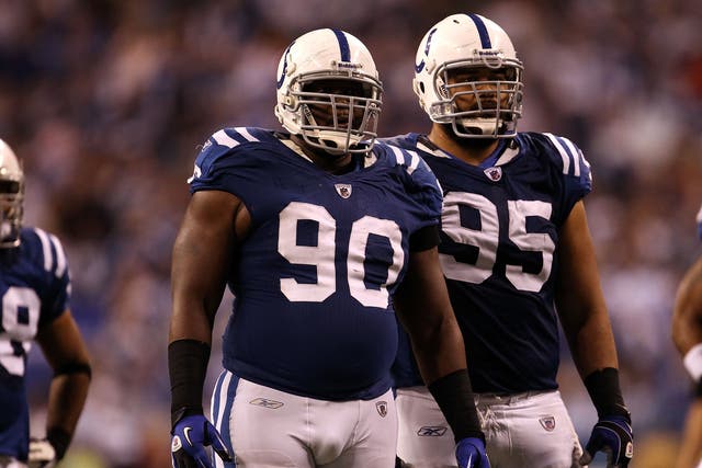 <p>Dan Muir #90 look on against the New York Jets during their 2011 AFC wild card playoff game at Lucas Oil Stadium on January 8, 2011 in Indianapolis, Indiana</p>