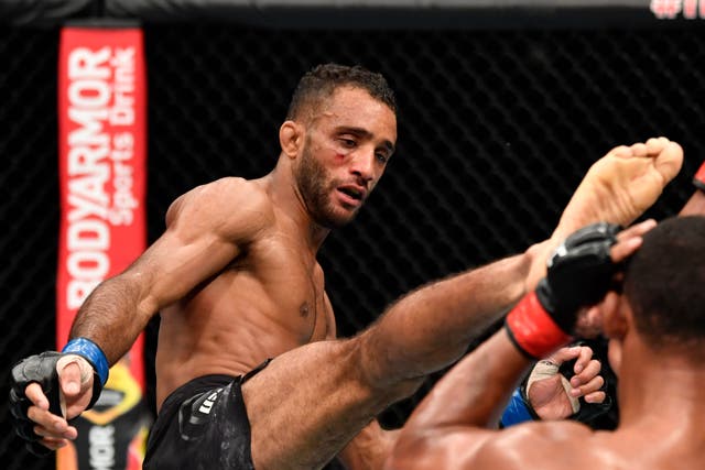 <p>Jai Herbert mid-fight against Francisco Trinaldo in Abu Dhabi in 2020</p>